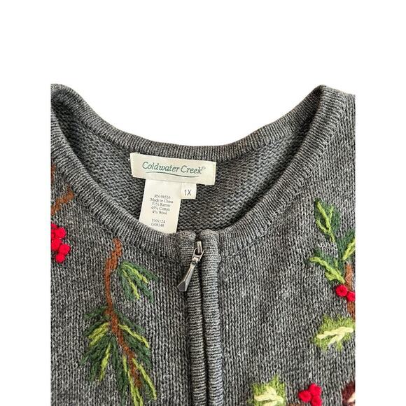 Coldwater Creek Embroidered Bird Berry Full Zip Up Cardigan Sweater Size 1X - Picture 3 of 7